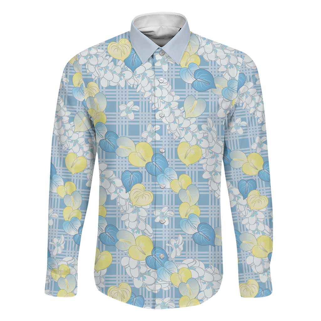 Anthurium Plumeria Lei Pastel Family Matching Off Shoulder Maxi Dress and Hawaiian Shirt Blue Hawaiian Splendid Palaka