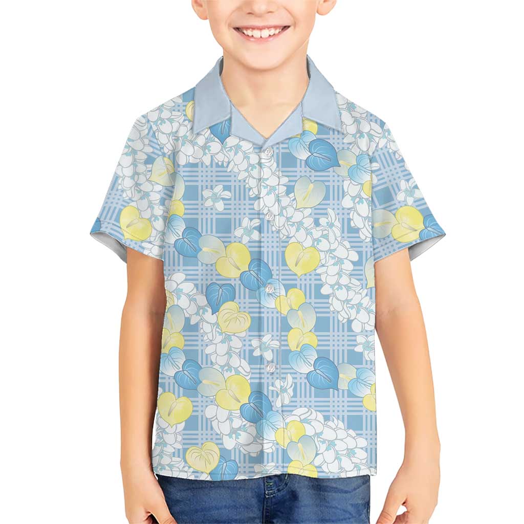 Anthurium Plumeria Lei Pastel Family Matching Off Shoulder Maxi Dress and Hawaiian Shirt Blue Hawaiian Splendid Palaka