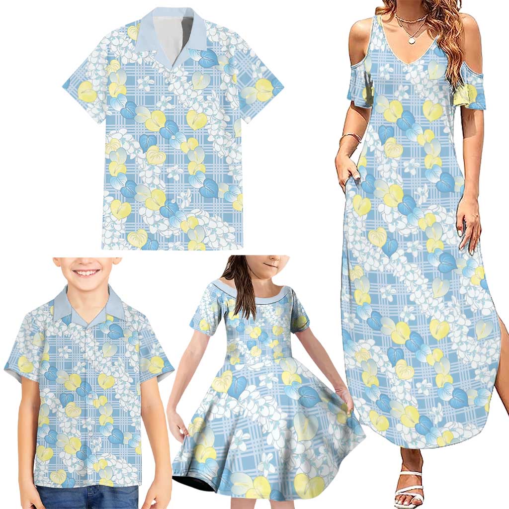 Anthurium Plumeria Lei Pastel Family Matching Summer Maxi Dress and Hawaiian Shirt Blue Hawaiian Splendid Palaka LT01 - Polynesian Pride