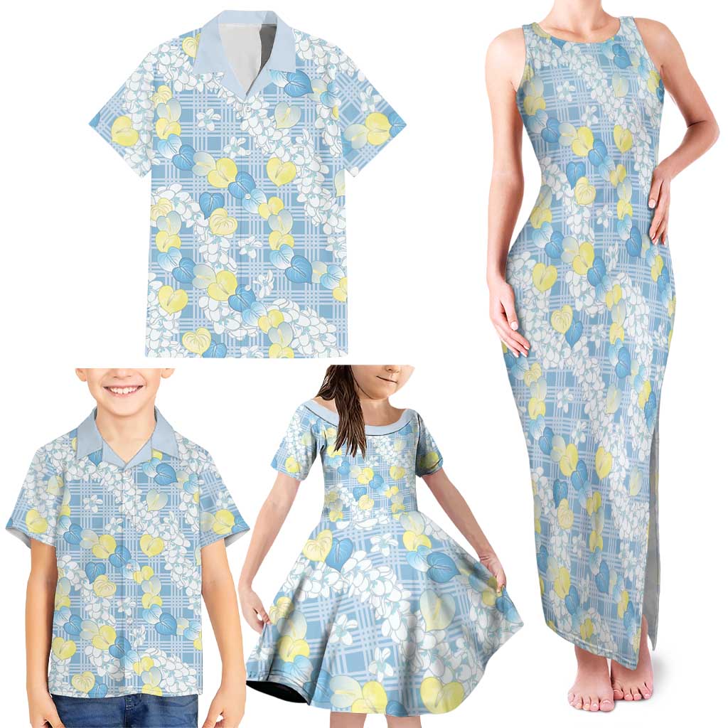 Anthurium Plumeria Lei Pastel Family Matching Tank Maxi Dress and Hawaiian Shirt Blue Hawaiian Splendid Palaka LT01 - Polynesian Pride