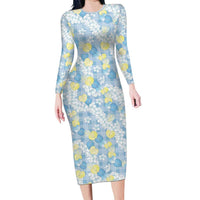 Anthurium Plumeria Lei Pastel Long Sleeve Bodycon Dress Blue Hawaiian Splendid Palaka