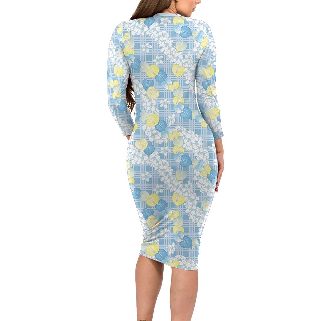 Anthurium Plumeria Lei Pastel Long Sleeve Bodycon Dress Blue Hawaiian Splendid Palaka