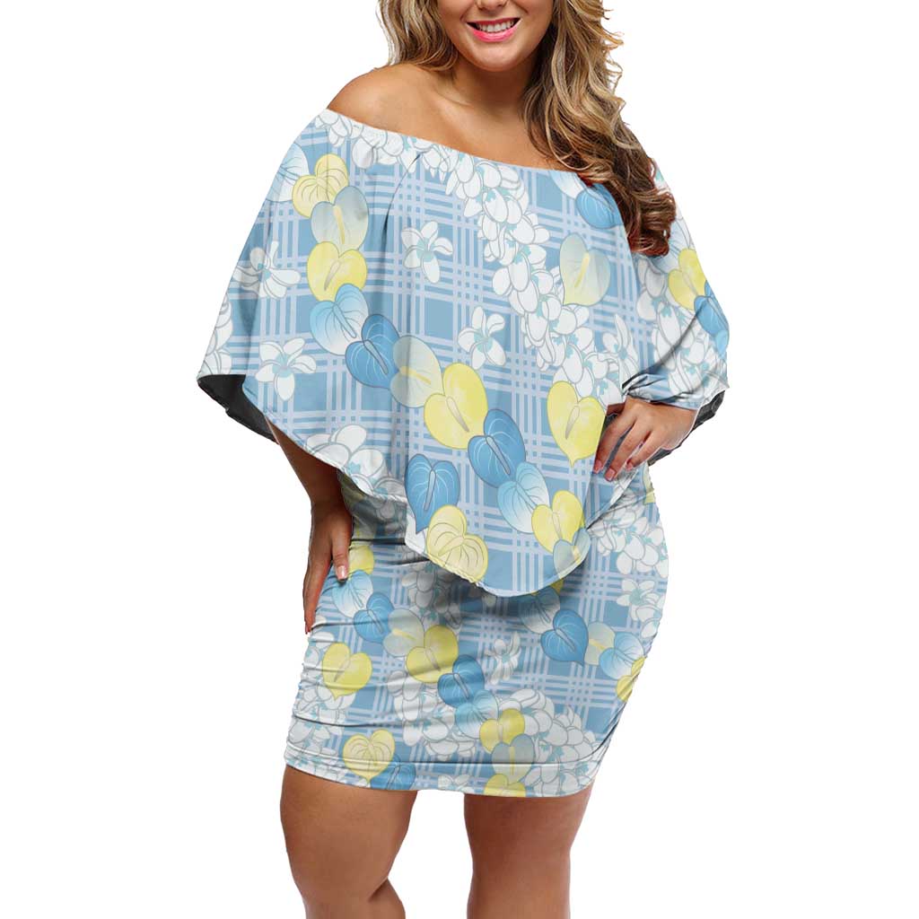 Anthurium Plumeria Lei Pastel Off Shoulder Short Dress Blue Hawaiian Splendid Palaka LT01 Women Blue - Polynesian Pride