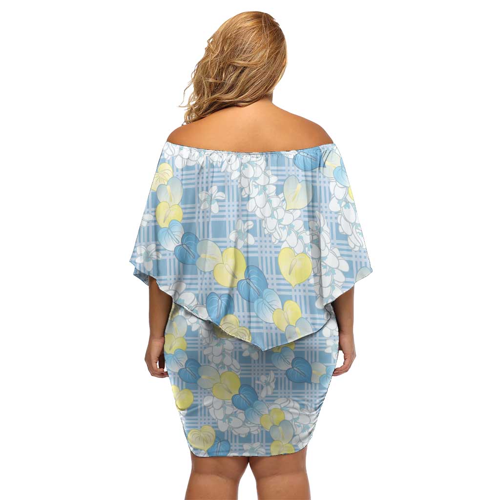 Anthurium Plumeria Lei Pastel Off Shoulder Short Dress Blue Hawaiian Splendid Palaka LT01 - Polynesian Pride
