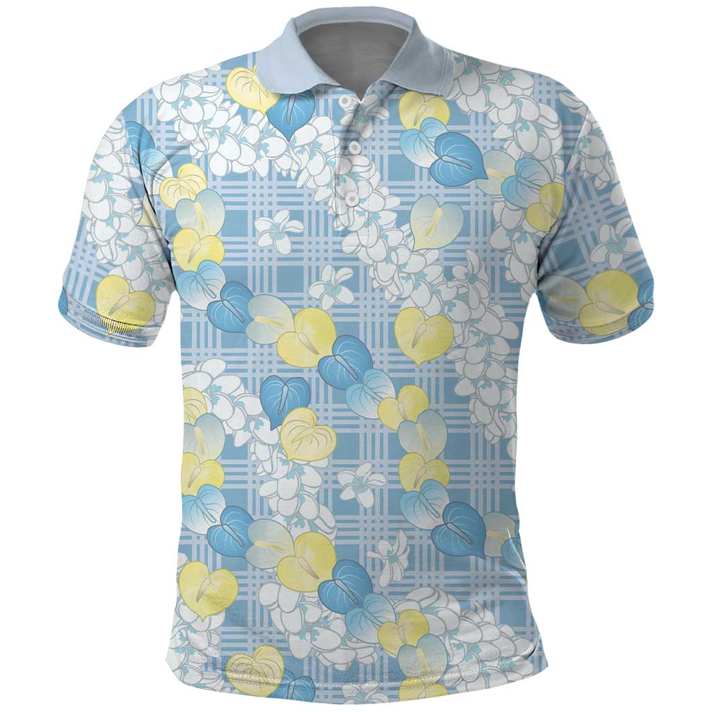 Anthurium Plumeria Lei Pastel Polo Shirt Blue Hawaiian Splendid Palaka LT01 Blue - Polynesian Pride