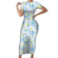 Anthurium Plumeria Lei Pastel Short Sleeve Bodycon Dress Blue Hawaiian Splendid Palaka LT01 Long Dress Blue - Polynesian Pride