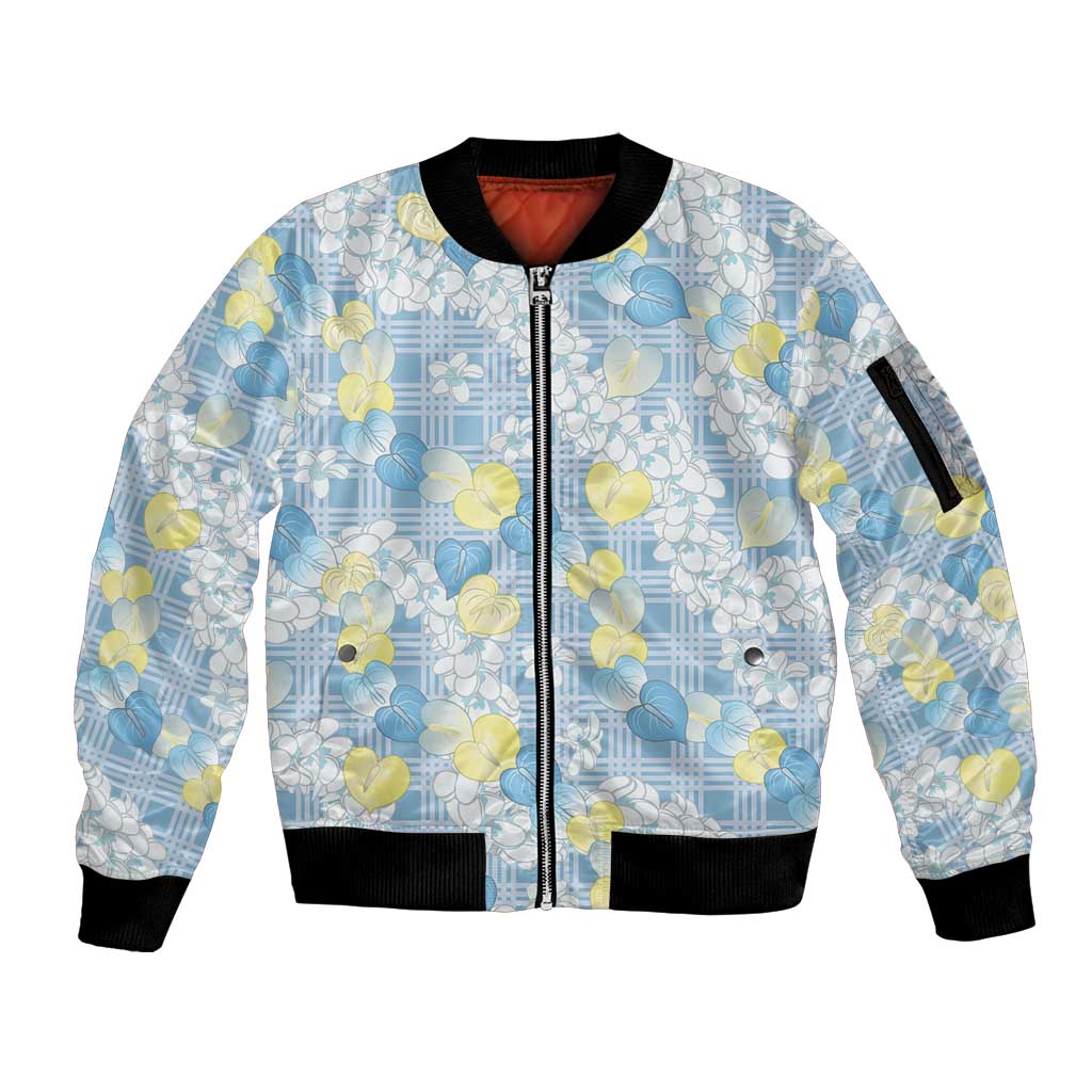 Anthurium Plumeria Lei Pastel Sleeve Zip Bomber Jacket Blue Hawaiian Splendid Palaka LT01 Unisex Blue - Polynesian Pride