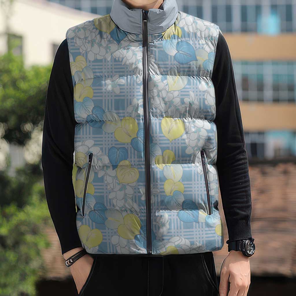 Anthurium Plumeria Lei Pastel Sleeveless Puffer Jacket Blue Hawaiian Splendid Palaka LT01 - Polynesian Pride