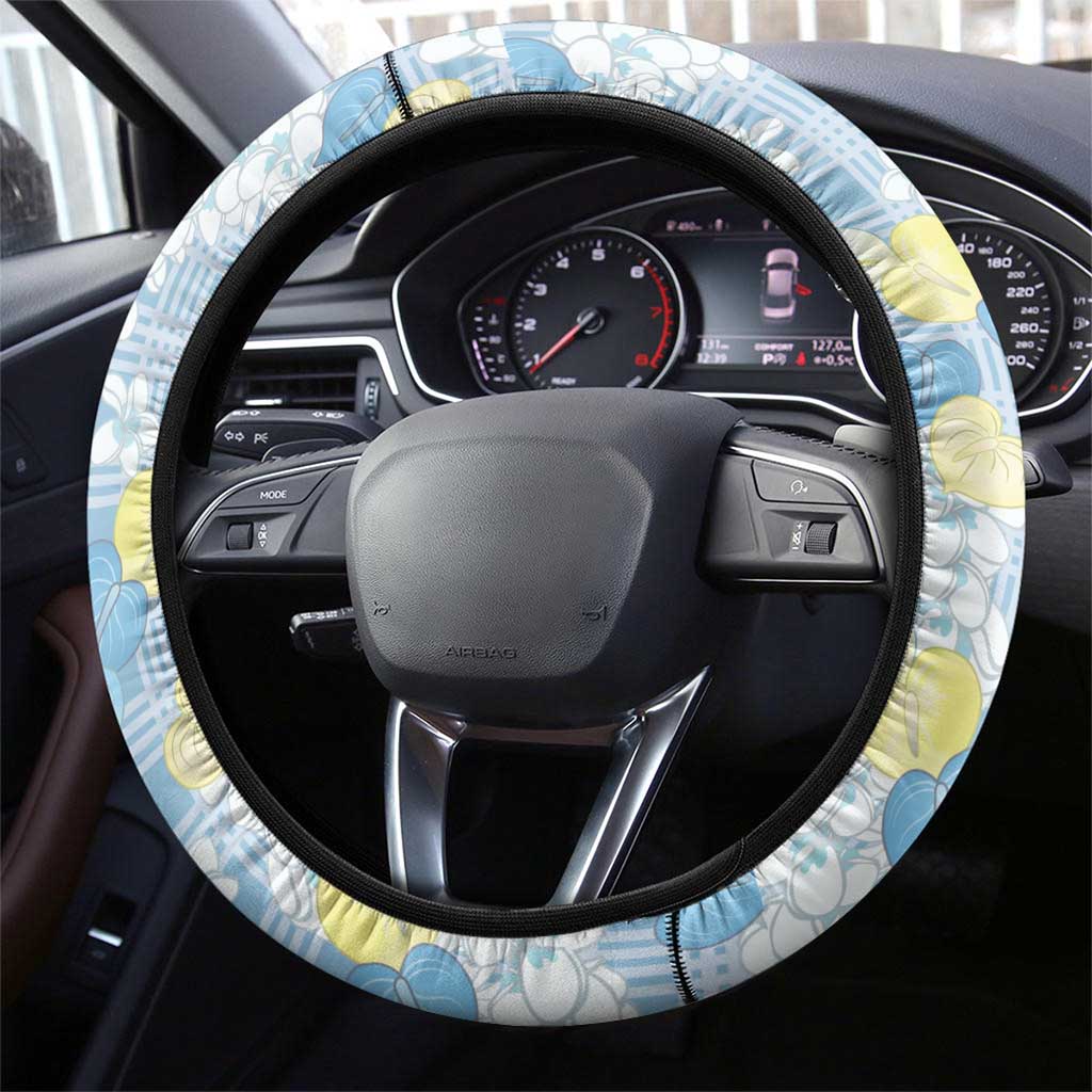 Anthurium Plumeria Lei Pastel Steering Wheel Cover Blue Hawaiian Splendid Palaka LT01 - Polynesian Pride