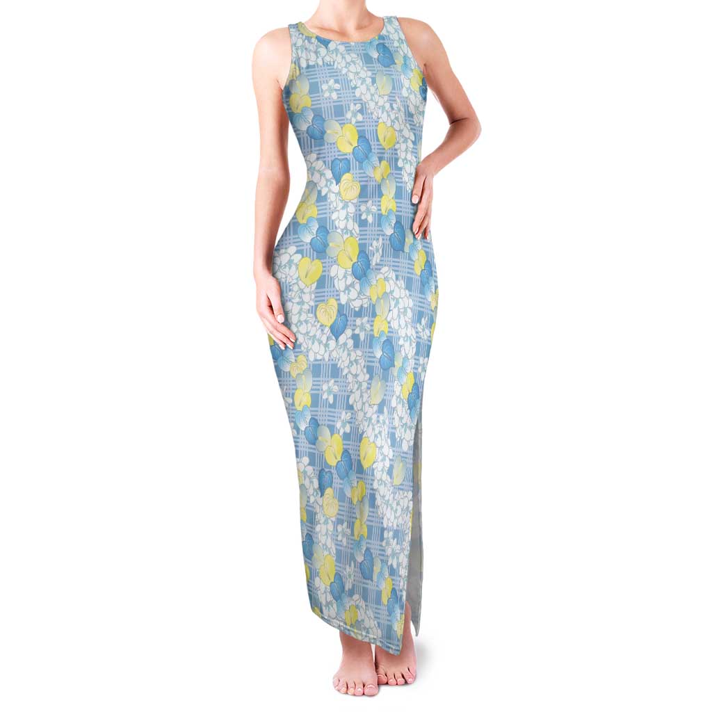 Anthurium Plumeria Lei Pastel Tank Maxi Dress Blue Hawaiian Splendid Palaka LT01 Women Blue - Polynesian Pride