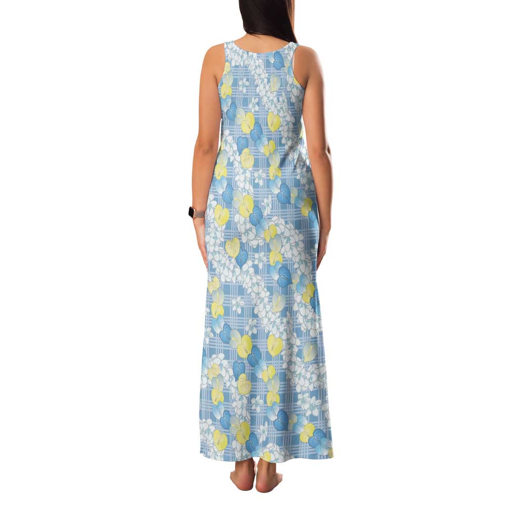Anthurium Plumeria Lei Pastel Tank Maxi Dress Blue Hawaiian Splendid Palaka LT01 - Polynesian Pride