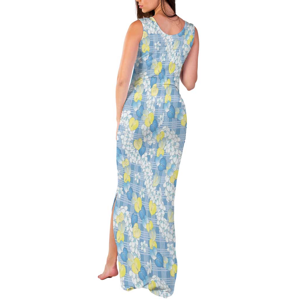 Anthurium Plumeria Lei Pastel Tank Maxi Dress Blue Hawaiian Splendid Palaka LT01 - Polynesian Pride