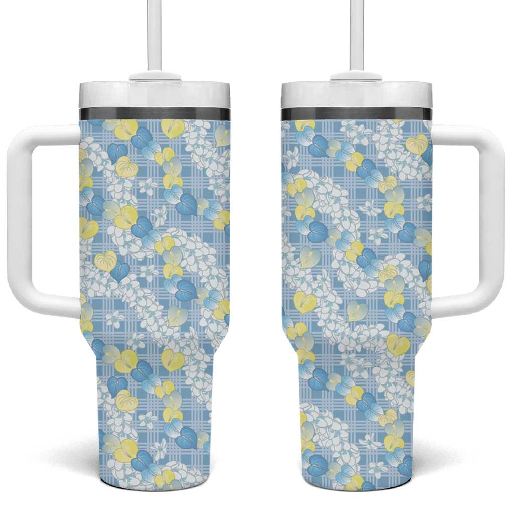 Anthurium Plumeria Lei Pastel Tumbler With Handle Blue Hawaiian Splendid Palaka LT01 One Size: 40 oz Blue - Polynesian Pride