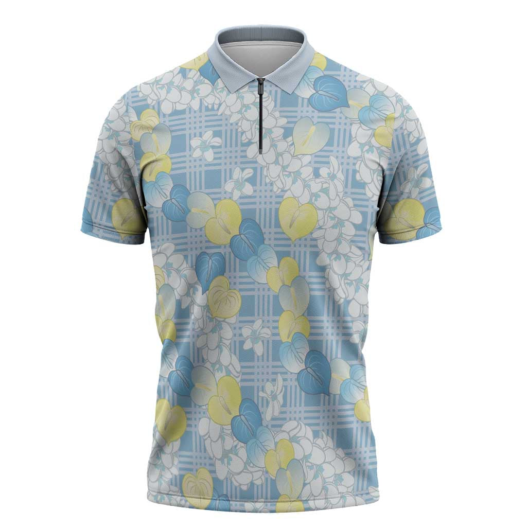 Anthurium Plumeria Lei Pastel Zipper Polo Shirt Blue Hawaiian Splendid Palaka LT01 Blue - Polynesian Pride