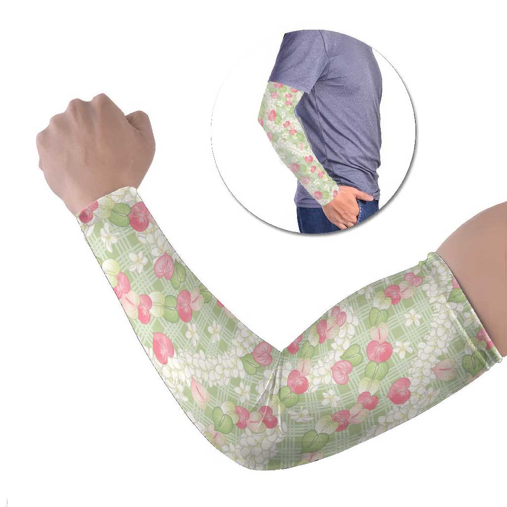 Anthurium Plumeria Lei Pastel Arm Sleeves Green Hawaiian Splendid Palaka LT01 Set of 2 Green - Polynesian Pride