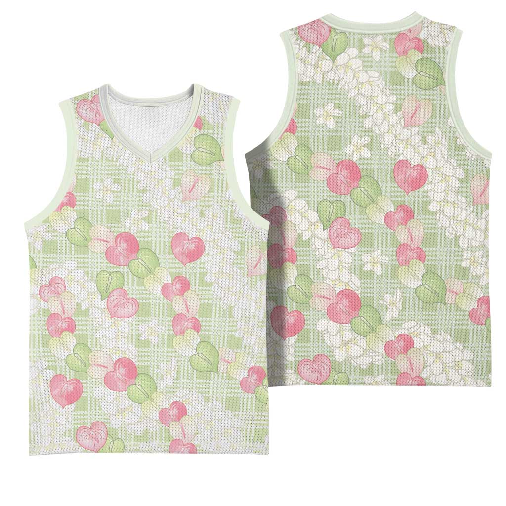 Anthurium Plumeria Lei Pastel Basketball Jersey Green Hawaiian Splendid Palaka