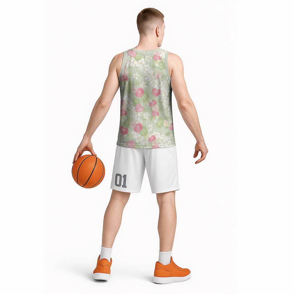 Anthurium Plumeria Lei Pastel Basketball Jersey Green Hawaiian Splendid Palaka