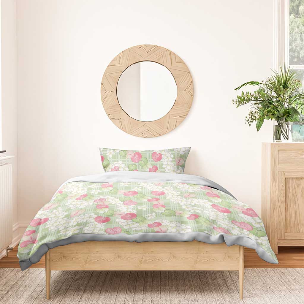 Anthurium Plumeria Lei Pastel Bedding Set Green Hawaiian Splendid Palaka LT01 - Polynesian Pride