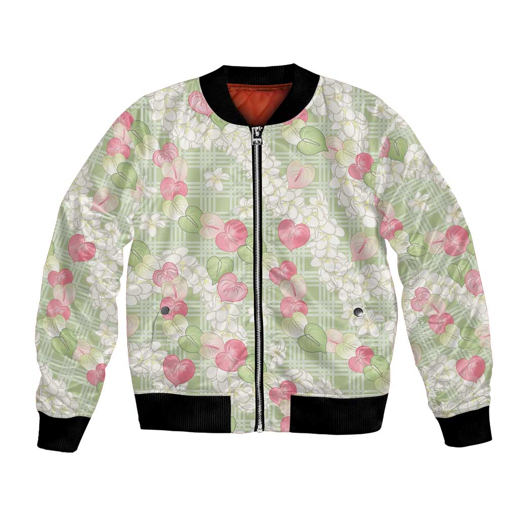 Anthurium Plumeria Lei Pastel Bomber Jacket Green Hawaiian Splendid Palaka