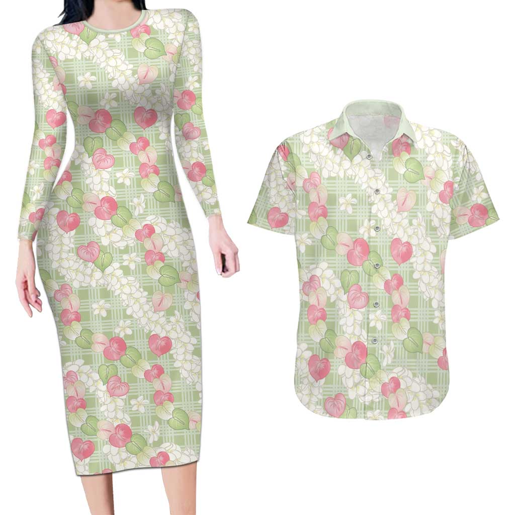 Anthurium Plumeria Lei Pastel Couples Matching Long Sleeve Bodycon Dress and Hawaiian Shirt Green Hawaiian Splendid Palaka