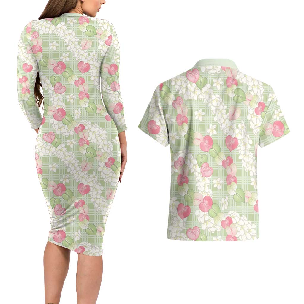 Anthurium Plumeria Lei Pastel Couples Matching Long Sleeve Bodycon Dress and Hawaiian Shirt Green Hawaiian Splendid Palaka