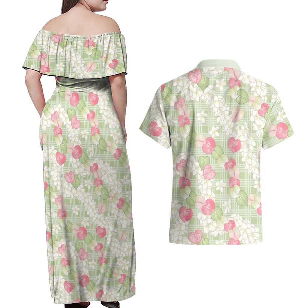 Anthurium Plumeria Lei Pastel Couples Matching Off Shoulder Maxi Dress and Hawaiian Shirt Green Hawaiian Splendid Palaka