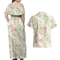 Anthurium Plumeria Lei Pastel Couples Matching Off Shoulder Maxi Dress and Hawaiian Shirt Green Hawaiian Splendid Palaka