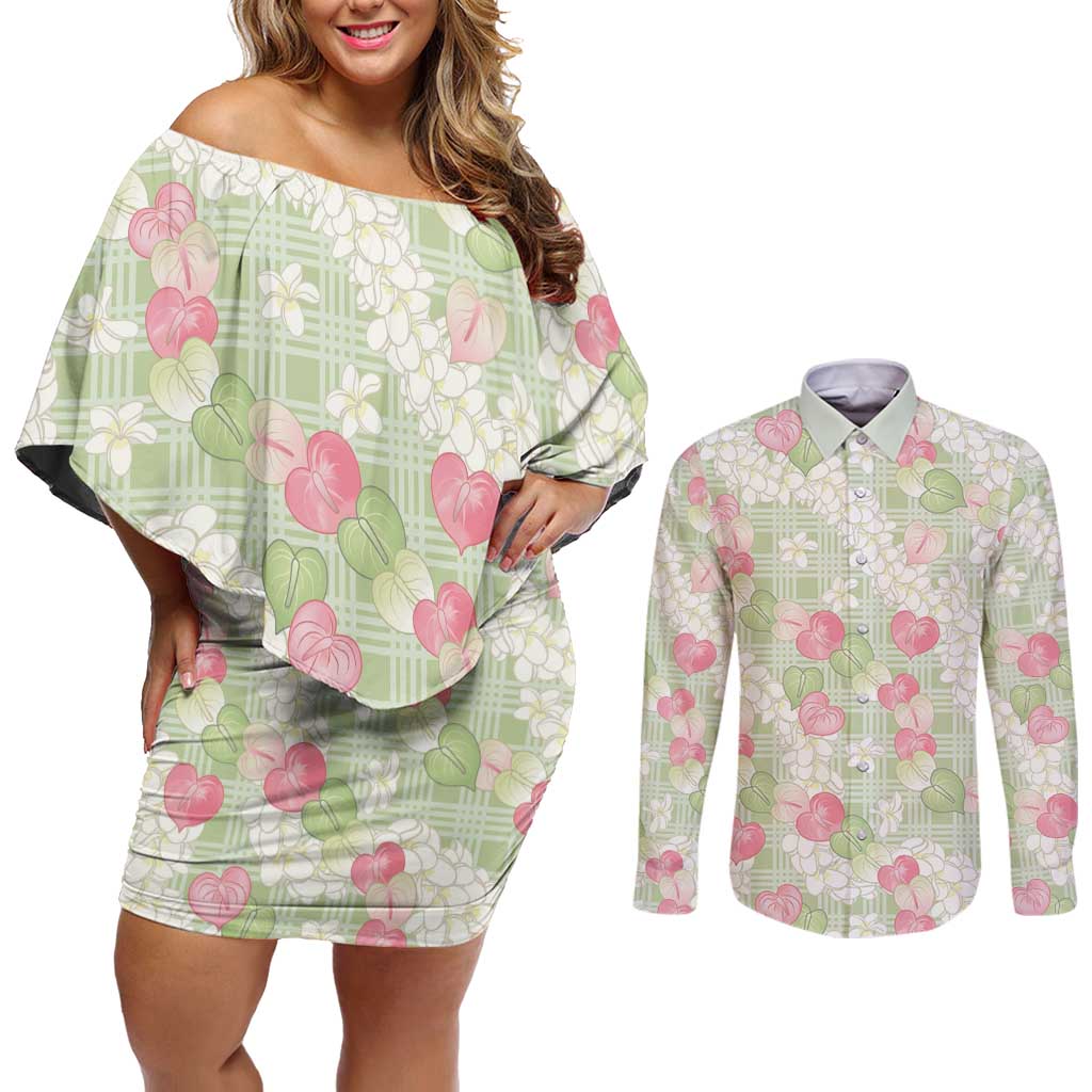 Anthurium Plumeria Lei Pastel Couples Matching Off Shoulder Short Dress and Long Sleeve Button Shirt Green Hawaiian Splendid Palaka LT01 Green - Polynesian Pride