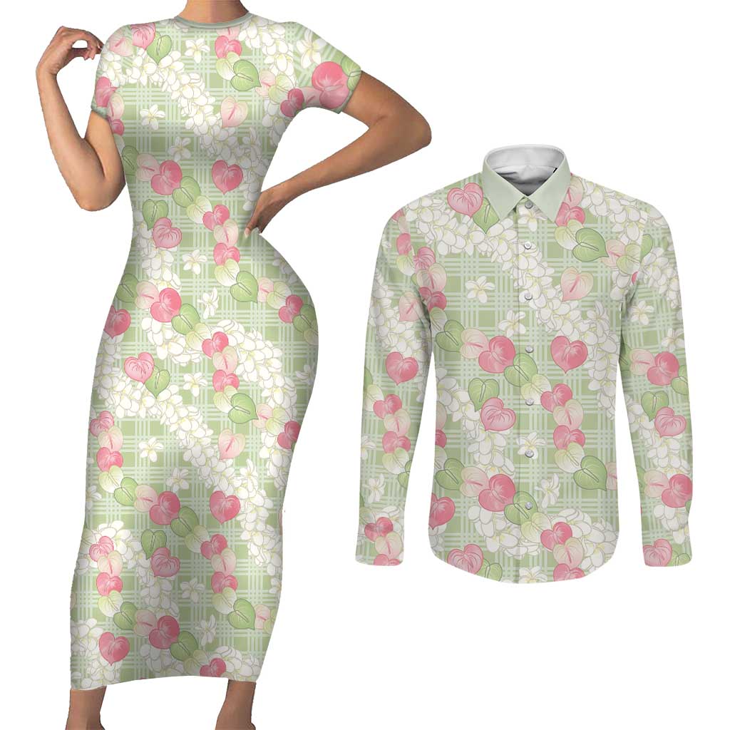 Anthurium Plumeria Lei Pastel Couples Matching Short Sleeve Bodycon Dress and Long Sleeve Button Shirt Green Hawaiian Splendid Palaka LT01 Green - Polynesian Pride