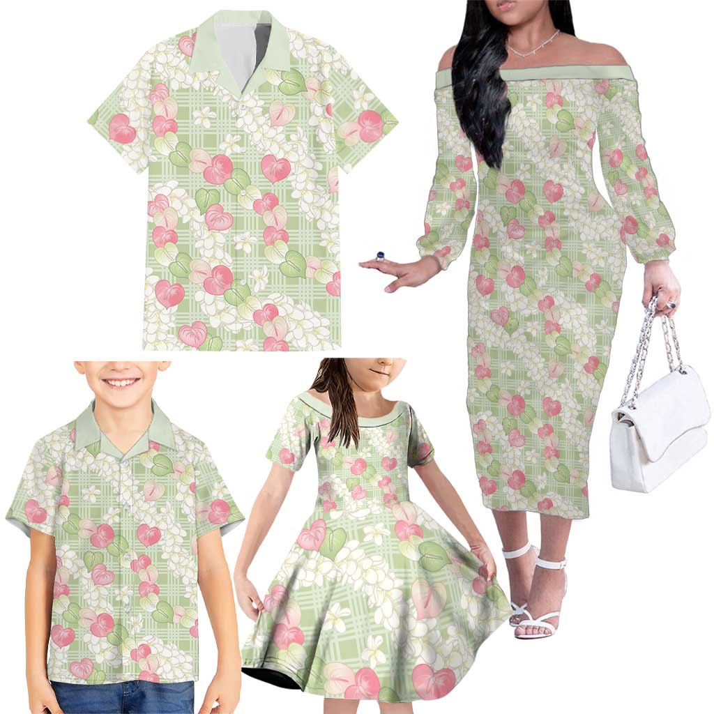 Anthurium Plumeria Lei Pastel Family Matching Off The Shoulder Long Sleeve Dress and Hawaiian Shirt Green Hawaiian Splendid Palaka LT01 - Polynesian Pride