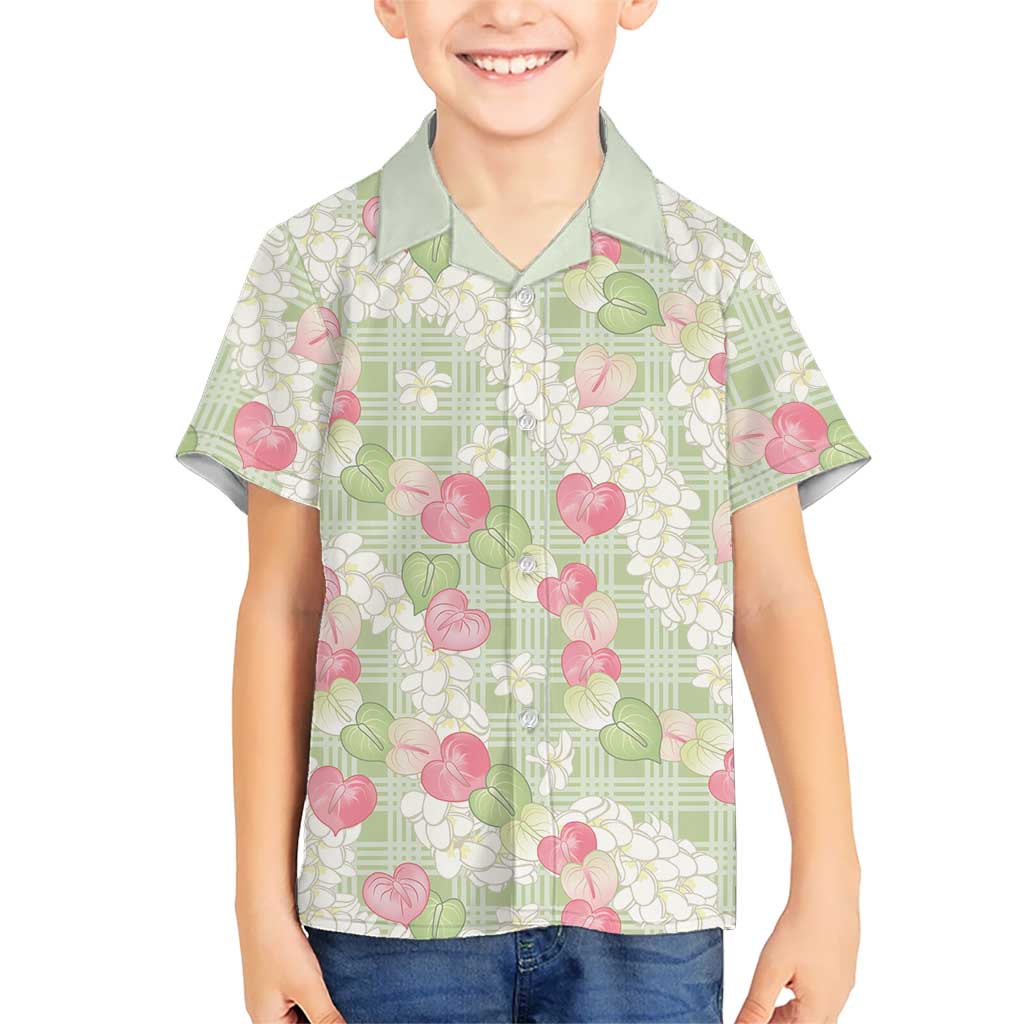 Anthurium Plumeria Lei Pastel Family Matching Off Shoulder Maxi Dress and Hawaiian Shirt Green Hawaiian Splendid Palaka LT01 Son's Shirt Green - Polynesian Pride