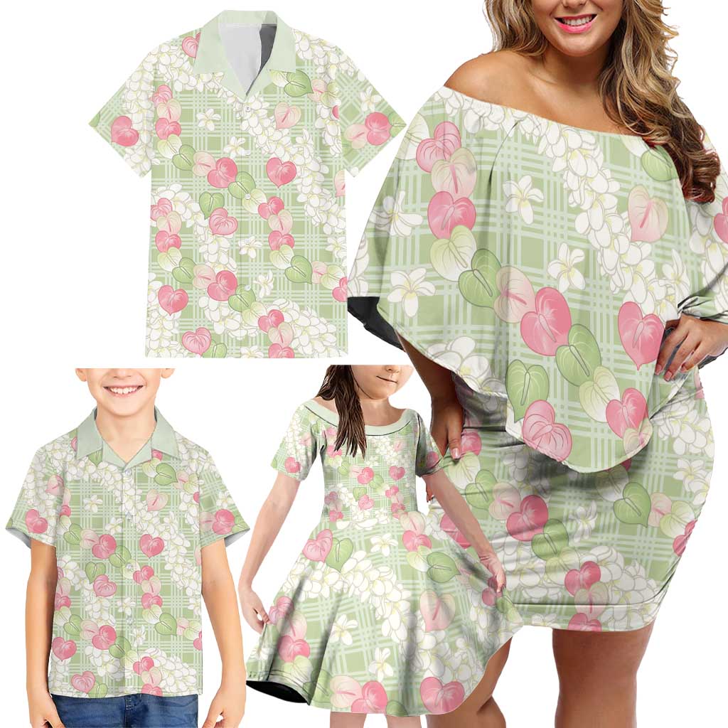 Anthurium Plumeria Lei Pastel Family Matching Off Shoulder Short Dress and Hawaiian Shirt Green Hawaiian Splendid Palaka LT01 - Polynesian Pride