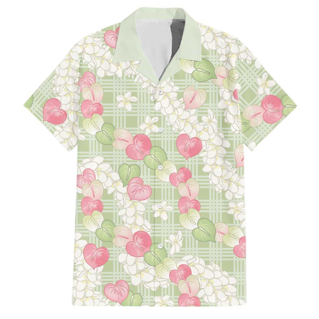 Anthurium Plumeria Lei Pastel Family Matching Off Shoulder Short Dress and Hawaiian Shirt Green Hawaiian Splendid Palaka LT01 Dad's Shirt - Short Sleeve Green - Polynesian Pride
