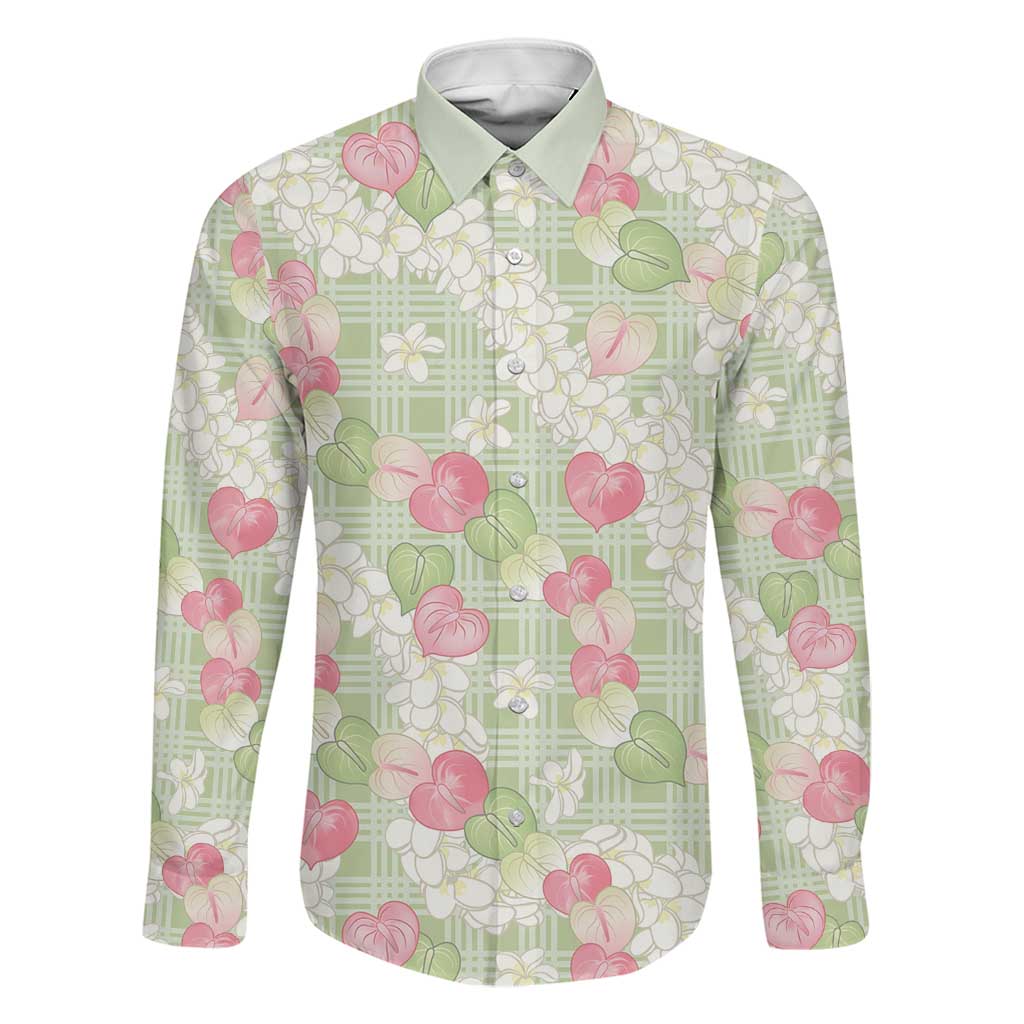 Anthurium Plumeria Lei Pastel Family Matching Puletasi and Hawaiian Shirt Green Hawaiian Splendid Palaka LT01 Dad's Shirt - Long Sleeve Green - Polynesian Pride