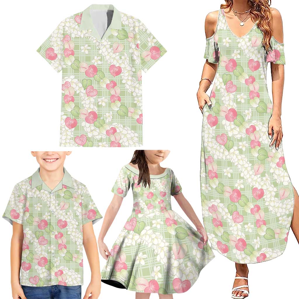 Anthurium Plumeria Lei Pastel Family Matching Summer Maxi Dress and Hawaiian Shirt Green Hawaiian Splendid Palaka LT01 - Polynesian Pride