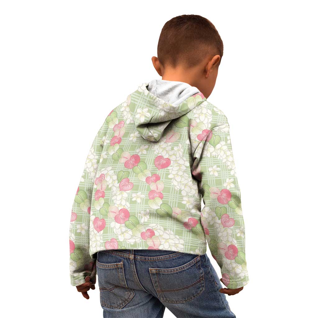 Anthurium Plumeria Lei Pastel Kid Hoodie Green Hawaiian Splendid Palaka LT01 - Polynesian Pride