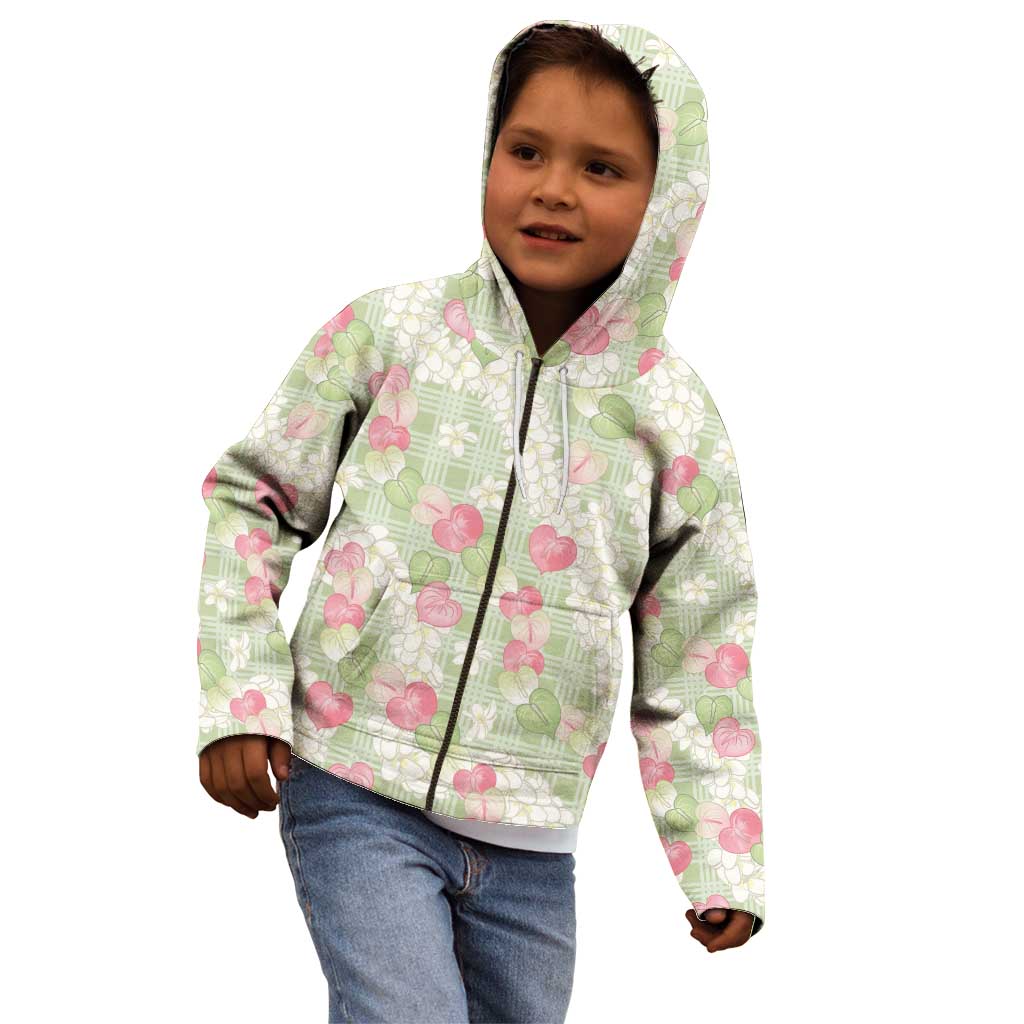 Anthurium Plumeria Lei Pastel Kid Hoodie Green Hawaiian Splendid Palaka LT01 - Polynesian Pride