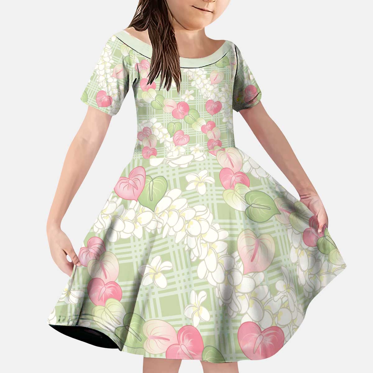 Anthurium Plumeria Lei Pastel Kid Short Sleeve Dress Green Hawaiian Splendid Palaka
