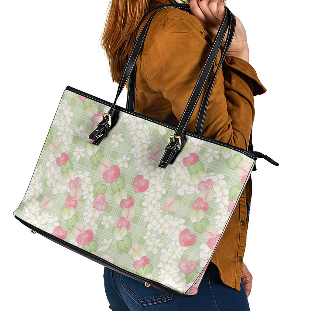 Anthurium Plumeria Lei Pastel Leather Tote Bag Green Hawaiian Splendid Palaka LT01 - Polynesian Pride