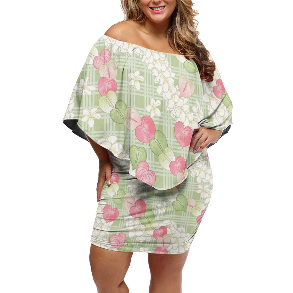 Anthurium Plumeria Lei Pastel Off Shoulder Short Dress Green Hawaiian Splendid Palaka LT01 Women Green - Polynesian Pride