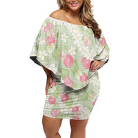 Anthurium Plumeria Lei Pastel Off Shoulder Short Dress Green Hawaiian Splendid Palaka LT01 Women Green - Polynesian Pride