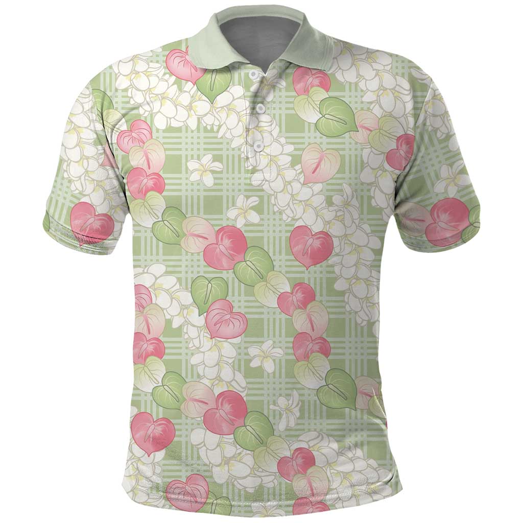 Anthurium Plumeria Lei Pastel Polo Shirt Green Hawaiian Splendid Palaka LT01 Green - Polynesian Pride