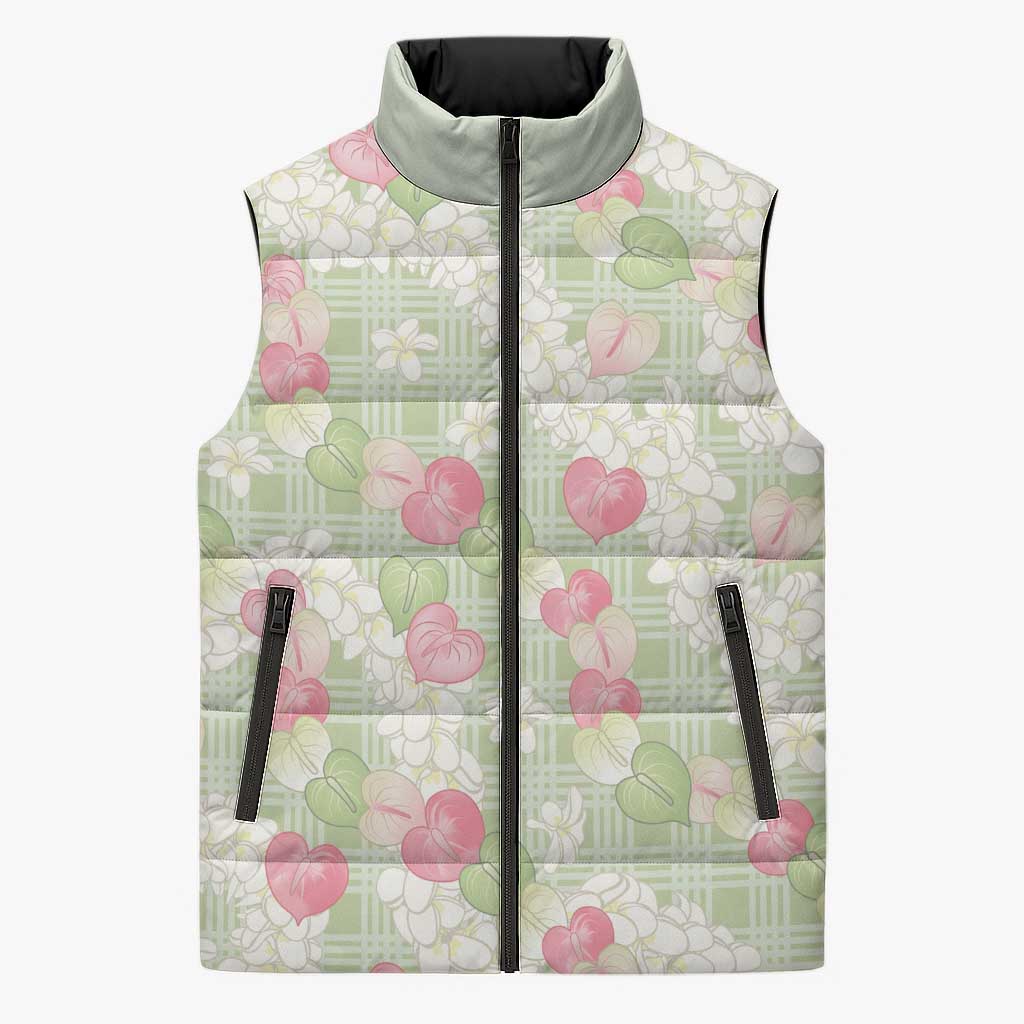 Anthurium Plumeria Lei Pastel Sleeveless Puffer Jacket Green Hawaiian Splendid Palaka