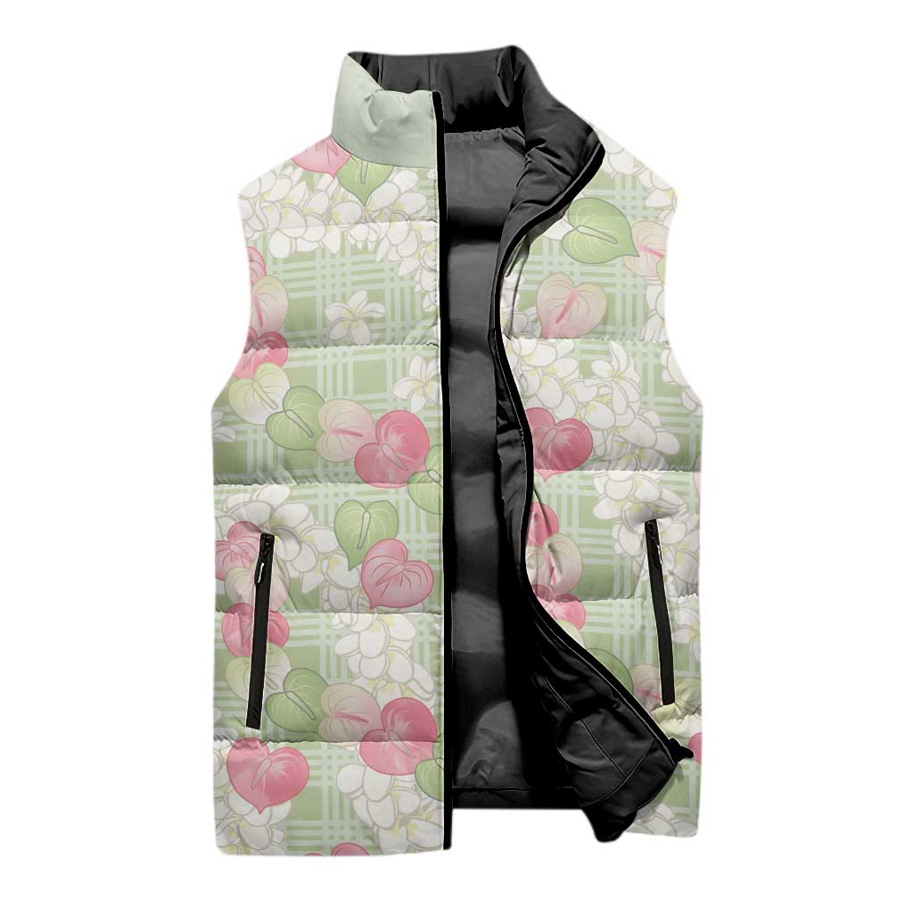 Anthurium Plumeria Lei Pastel Sleeveless Puffer Jacket Green Hawaiian Splendid Palaka