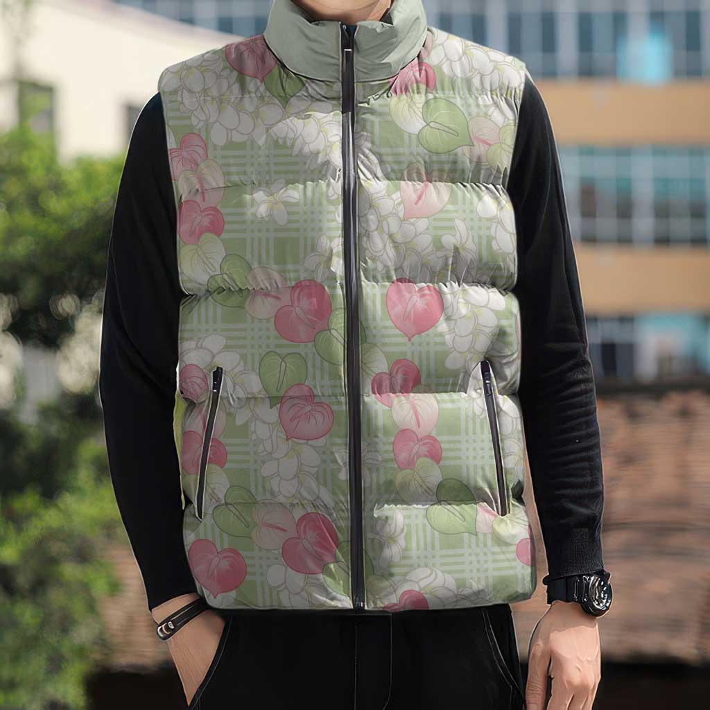 Anthurium Plumeria Lei Pastel Sleeveless Puffer Jacket Green Hawaiian Splendid Palaka
