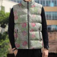 Anthurium Plumeria Lei Pastel Sleeveless Puffer Jacket Green Hawaiian Splendid Palaka
