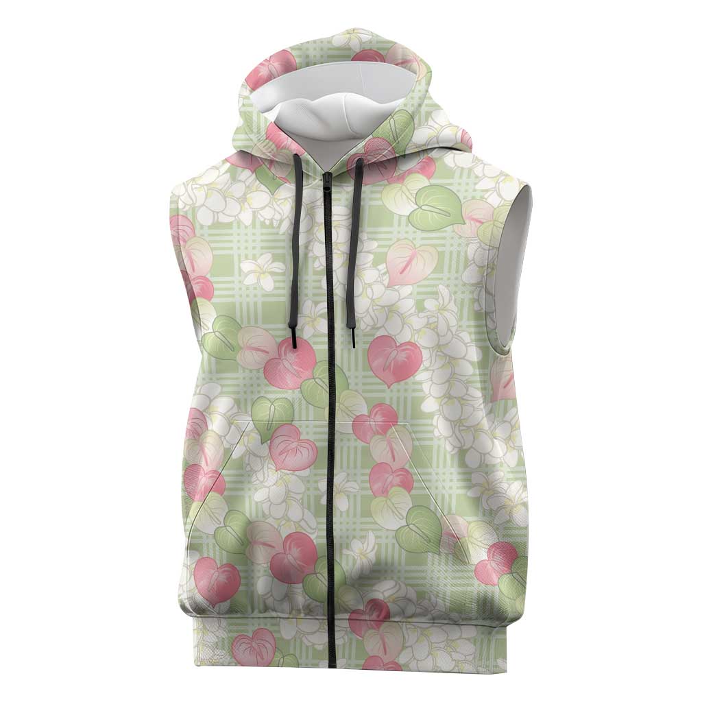 Anthurium Plumeria Lei Pastel Sleeveless Zip Hoodie Green Hawaiian Splendid Palaka LT01 Green - Polynesian Pride