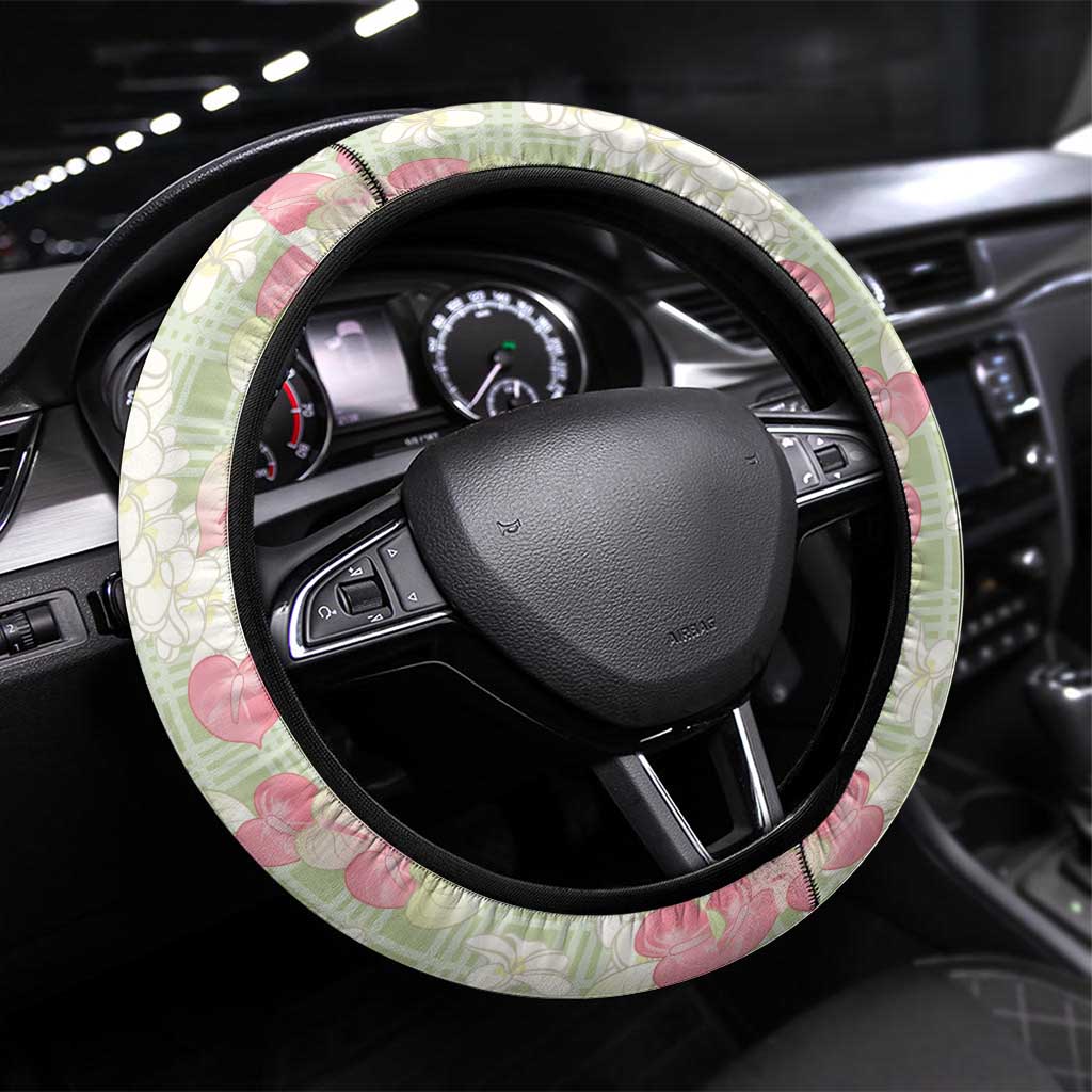 Anthurium Plumeria Lei Pastel Steering Wheel Cover Green Hawaiian Splendid Palaka