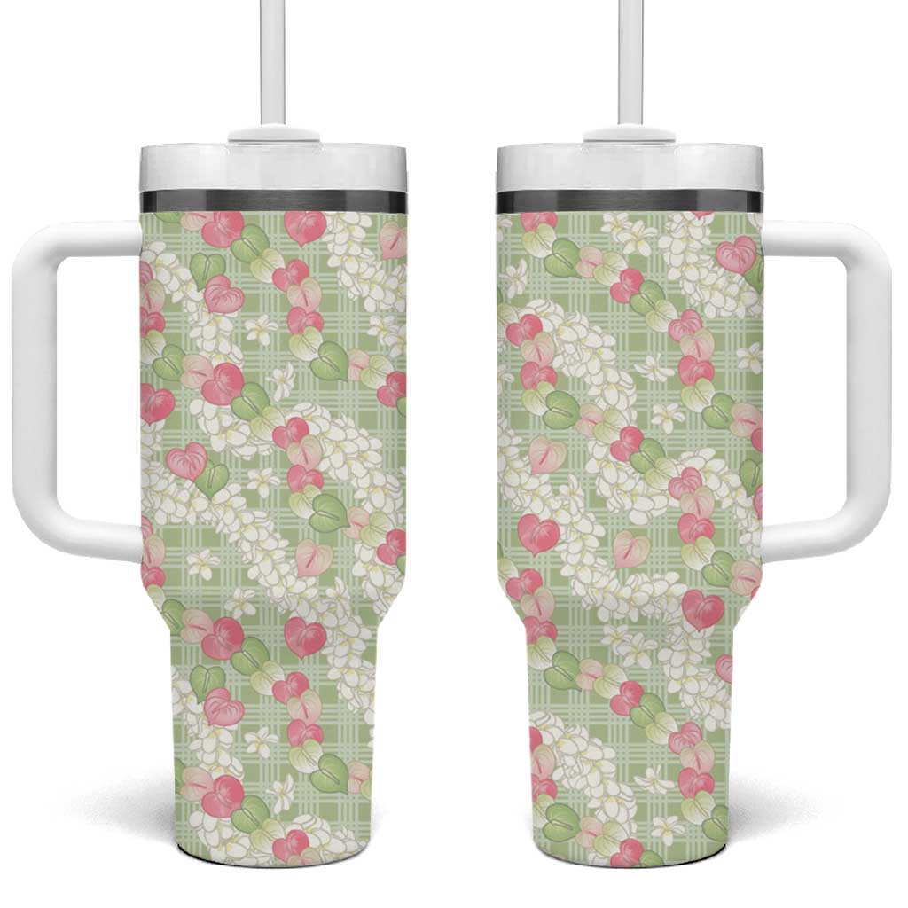 Anthurium Plumeria Lei Pastel Tumbler With Handle Green Hawaiian Splendid Palaka LT01 One Size: 40 oz Green - Polynesian Pride