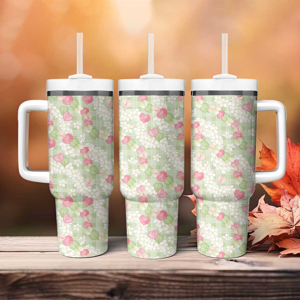 Anthurium Plumeria Lei Pastel Tumbler With Handle Green Hawaiian Splendid Palaka LT01 - Polynesian Pride